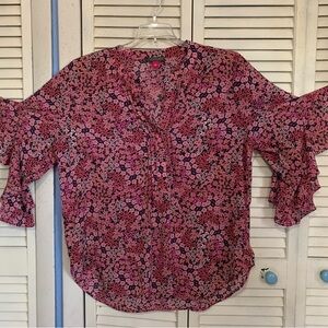 Vince Camuto Pink Floral Blouse With Ruffled Sleeves